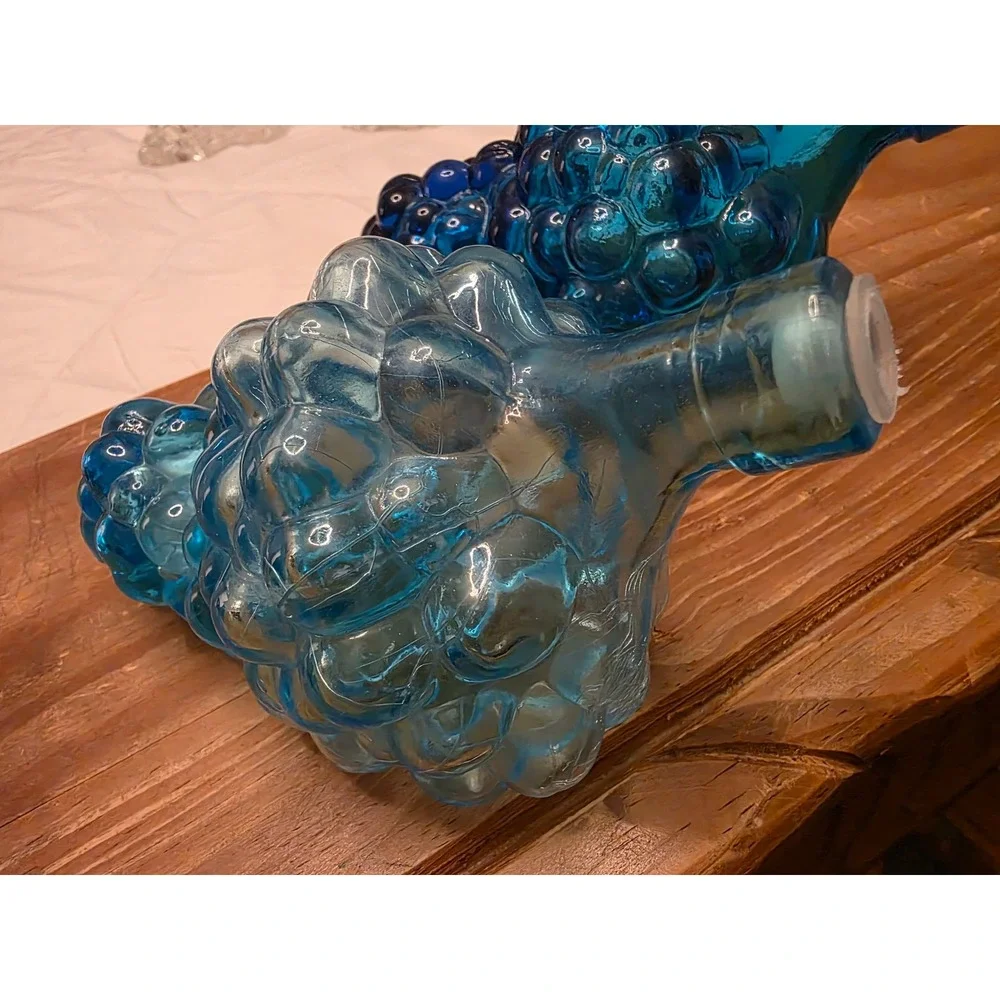 Vintage Blue Glass Grape Cluster Bottles Set of 2 Decanters Aqua Cobalt Stopper - Picture 3 of 9
